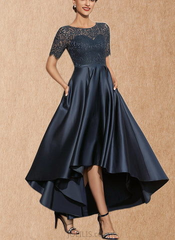 Mckinley A-line Scoop Illusion Asymmetrical Lace Satin Cocktail Dress UKP0021237