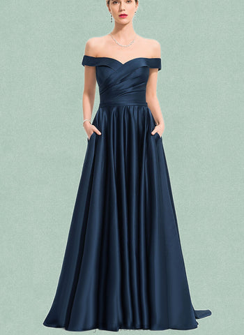 Nayeli Ball-Gown/Princess Off the Shoulder Sweep Train Satin Evening Dress With Pleated UKP0021238