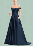 Nayeli Ball-Gown/Princess Off the Shoulder Sweep Train Satin Evening Dress With Pleated UKP0021238