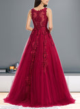 Sandra Ball-Gown/Princess Scoop Sweep Train Lace Tulle Prom Dresses With Beading UKP0021239