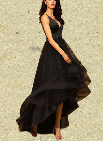 EmeryPiper A-line V-Neck Asymmetrical Satin Tulle Evening Dress With Beading UKP0021241