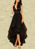 EmeryPiper A-line V-Neck Asymmetrical Satin Tulle Evening Dress With Beading UKP0021241