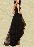 EmeryPiper A-line V-Neck Asymmetrical Satin Tulle Evening Dress With Beading UKP0021241