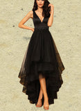 EmeryPiper A-line V-Neck Asymmetrical Satin Tulle Evening Dress With Beading UKP0021241