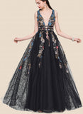 Nola A-line V-Neck Floor-Length Tulle Sequin Prom Dresses With Beading UKP0021242