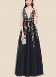 Nola A-line V-Neck Floor-Length Tulle Sequin Prom Dresses With Beading UKP0021242