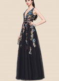 Nola A-line V-Neck Floor-Length Tulle Sequin Prom Dresses With Beading UKP0021242