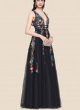 Nola A-line V-Neck Floor-Length Tulle Sequin Prom Dresses With Beading UKP0021242