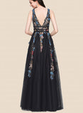 Nola A-line V-Neck Floor-Length Tulle Sequin Prom Dresses With Beading UKP0021242