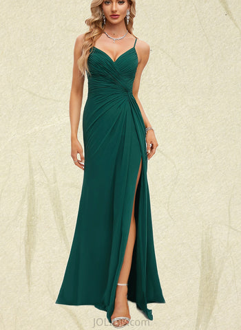 Evangeline Sheath/Column V-Neck Floor-Length Chiffon Prom Dresses With Pleated UKP0021243