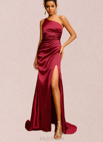 Lara Sheath/Column One Shoulder Sweep Train Silky Satin Prom Dresses With Pleated UKP0021244