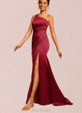 Lara Sheath/Column One Shoulder Sweep Train Silky Satin Prom Dresses With Pleated UKP0021244