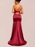 Lara Sheath/Column One Shoulder Sweep Train Silky Satin Prom Dresses With Pleated UKP0021244