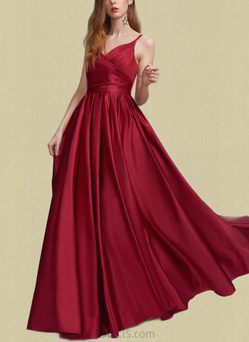 Lorelai A-line V-Neck Floor-Length Satin Prom Dresses UKP0021251