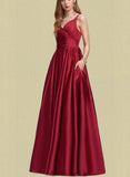 Lorelai A-line V-Neck Floor-Length Satin Prom Dresses UKP0021251