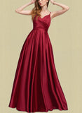 Lorelai A-line V-Neck Floor-Length Satin Prom Dresses UKP0021251