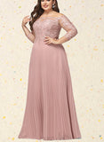 Marianna Ball-Gown/Princess Off the Shoulder Floor-Length Chiffon Lace Prom Dresses With Pleated Sequins UKP0021254