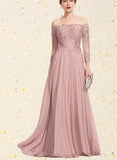 Marianna Ball-Gown/Princess Off the Shoulder Floor-Length Chiffon Lace Prom Dresses With Pleated Sequins UKP0021254