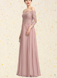 Marianna Ball-Gown/Princess Off the Shoulder Floor-Length Chiffon Lace Prom Dresses With Pleated Sequins UKP0021254