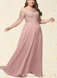 Marianna Ball-Gown/Princess Off the Shoulder Floor-Length Chiffon Lace Prom Dresses With Pleated Sequins UKP0021254