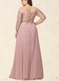 Marianna Ball-Gown/Princess Off the Shoulder Floor-Length Chiffon Lace Prom Dresses With Pleated Sequins UKP0021254