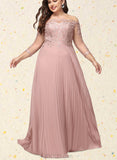 Marianna Ball-Gown/Princess Off the Shoulder Floor-Length Chiffon Lace Prom Dresses With Pleated Sequins UKP0021254