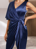 Lizeth Sheath/Column V-Neck Asymmetrical Silky Satin Cocktail Dress With Pleated UKP0021255