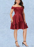 Ada A-line Off the Shoulder Knee-Length Satin Cocktail Dress With Sequins UKP0021257