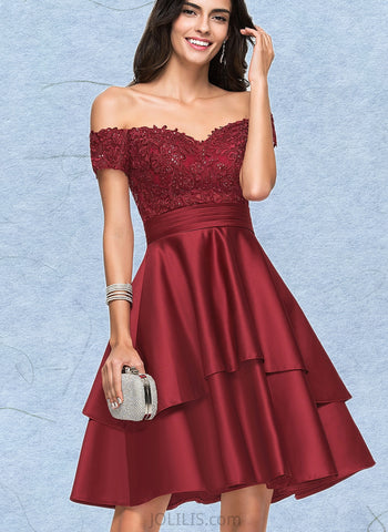 Ada A-line Off the Shoulder Knee-Length Satin Cocktail Dress With Sequins UKP0021257