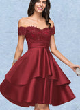 Ada A-line Off the Shoulder Knee-Length Satin Cocktail Dress With Sequins UKP0021257