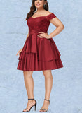 Ada A-line Off the Shoulder Knee-Length Satin Cocktail Dress With Sequins UKP0021257