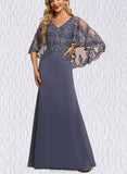 Sibyl Trumpet/Mermaid V-Neck Floor-Length Chiffon Lace Evening Dress With Sequins UKP0021259