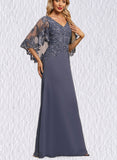 Sibyl Trumpet/Mermaid V-Neck Floor-Length Chiffon Lace Evening Dress With Sequins UKP0021259