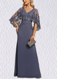 Sibyl Trumpet/Mermaid V-Neck Floor-Length Chiffon Lace Evening Dress With Sequins UKP0021259