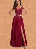 Melissa Ball-Gown/Princess V-Neck Floor-Length Lace Tulle Prom Dresses With Sequins UKP0021260