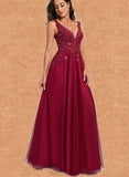 Melissa Ball-Gown/Princess V-Neck Floor-Length Lace Tulle Prom Dresses With Sequins UKP0021260