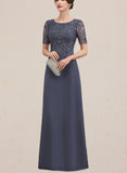 Teagan A-line Scoop Floor-Length Chiffon Lace Evening Dress With Sequins UKP0021261