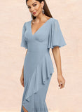 Yamilet Trumpet/Mermaid V-Neck Asymmetrical Chiffon Cocktail Dress With Cascading Ruffles UKP0021270