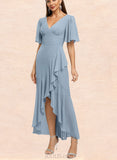 Yamilet Trumpet/Mermaid V-Neck Asymmetrical Chiffon Cocktail Dress With Cascading Ruffles UKP0021270