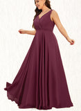 Mya A-line V-Neck Floor-Length Chiffon Evening Dress With Pleated UKP0021274