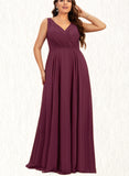 Mya A-line V-Neck Floor-Length Chiffon Evening Dress With Pleated UKP0021274