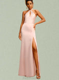 Casey Sheath/Column Halter Floor-Length Silky Satin Prom Dresses With Bow UKP0021276