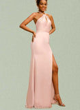 Casey Sheath/Column Halter Floor-Length Silky Satin Prom Dresses With Bow UKP0021276