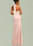 Casey Sheath/Column Halter Floor-Length Silky Satin Prom Dresses With Bow UKP0021276