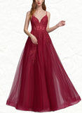 Kaitlin Ball-Gown/Princess V-Neck Floor-Length Lace Tulle Prom Dresses With Beading Sequins UKP0021283