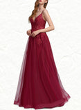 Kaitlin Ball-Gown/Princess V-Neck Floor-Length Lace Tulle Prom Dresses With Beading Sequins UKP0021283