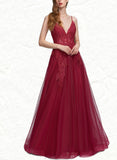 Kaitlin Ball-Gown/Princess V-Neck Floor-Length Lace Tulle Prom Dresses With Beading Sequins UKP0021283