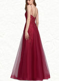 Kaitlin Ball-Gown/Princess V-Neck Floor-Length Lace Tulle Prom Dresses With Beading Sequins UKP0021283