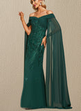 Mollie Sheath/Column Off the Shoulder Floor-Length Chiffon Lace Evening Dress With Pleated Sequins UKP0021287