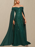 Mollie Sheath/Column Off the Shoulder Floor-Length Chiffon Lace Evening Dress With Pleated Sequins UKP0021287